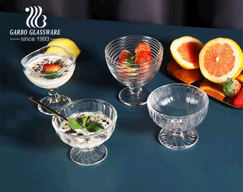 Special Boat Shaped 10oz Glass Dessert Fruit Salad Bowl Embossed Crystal Glass Ice Cream Cup 