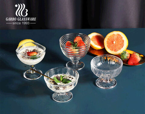 Special Boat Shaped 10oz Glass Dessert Fruit Salad Bowl Embossed Crystal Glass Ice Cream Cup 