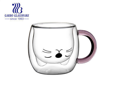 280ml high quality handmade cute cat design double wall glass coffee cup with colored handle