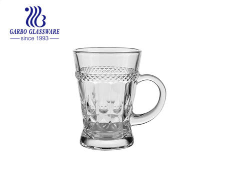 Tasse à thé en verre gravé de 6 onces avec poignées motif gravé clair conçoit des tasses en verre