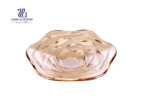 Wholesale ion plating large 14-inch amber wave design glass fruit plates for home hotel use