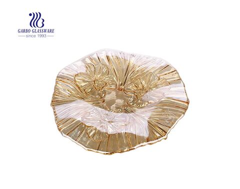 Wholesale ion plating large 14-inch amber wave design glass fruit plates for home hotel use