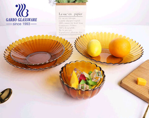 9.7 Zoll Bernsteinfarbene Glasseitenplatten für Salat mit luxuriösem Mund Goldrand