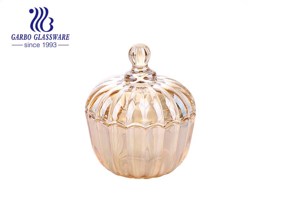 2.91 inch Wholesale Ion plated Luxury Carnival Golden Glass Sweet Jars with Woven Pattern