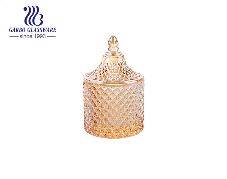 2.91 inch Wholesale Ion plated Luxury Carnival Golden Glass Sweet Jars with Woven Pattern