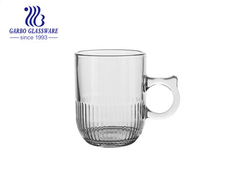 Clear glass tea mug with special handle 8 ounce engraved pattern design glass cups 