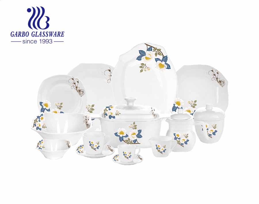 58 unids nuevo diseño calcomanía azul ópalo resistente al calor vajilla de vidrio de forma cuadrada con plato tazón taza tazas olla