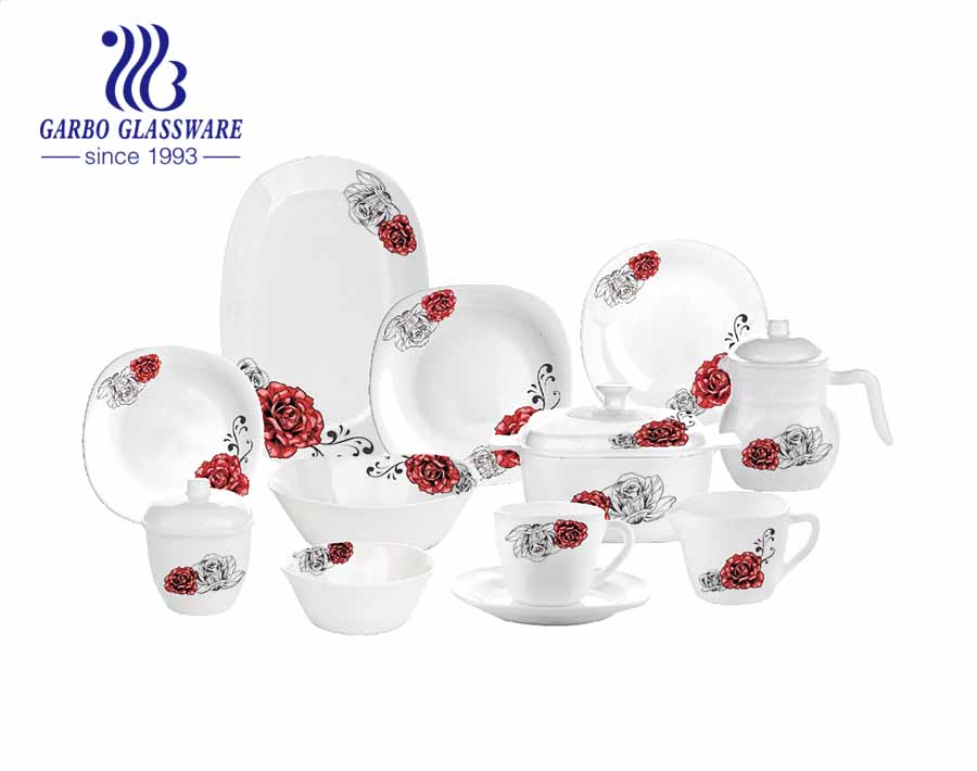 58pcs new design blue decal Heat resistant opal ware square shape glass dinner set with plate bowl cup mugs pot
