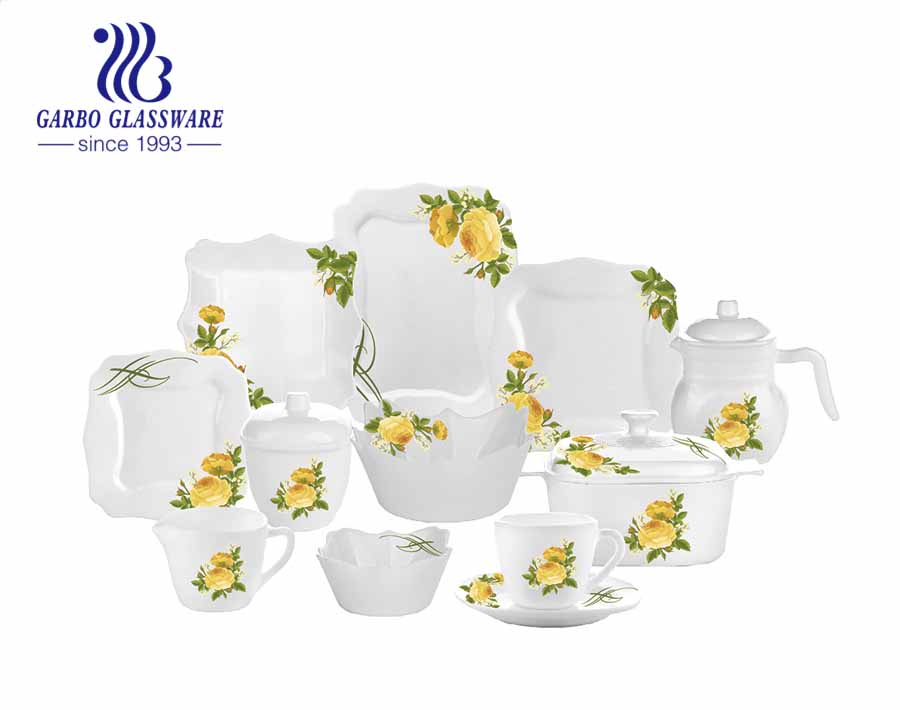 58pcs nouveau design bleu décalcomanie résistant à la chaleur opale Ware forme carrée en verre ensemble de dîner avec assiette bol tasse tasses pot