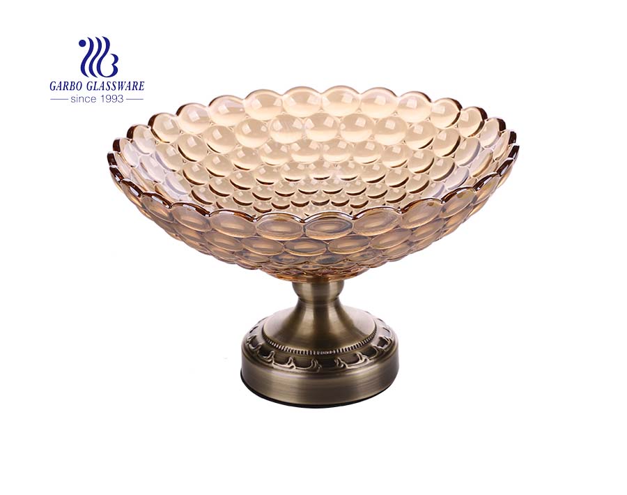 9.5inch ion plating gold color glass fruit bowl with metal stand factory in  china
