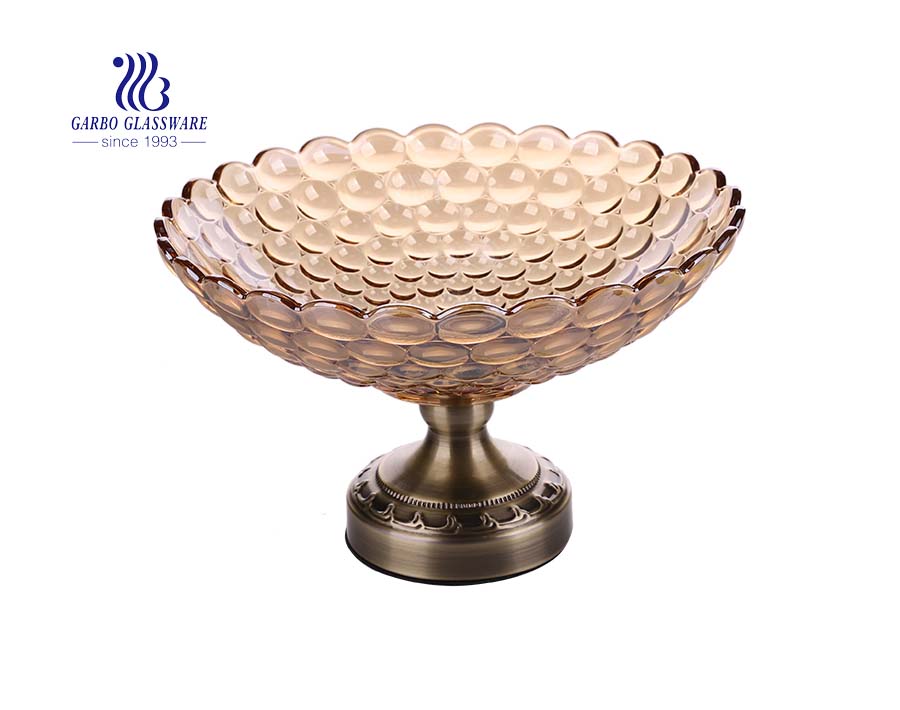 9.5inch ion plating gold color glass fruit bowl with metal stand