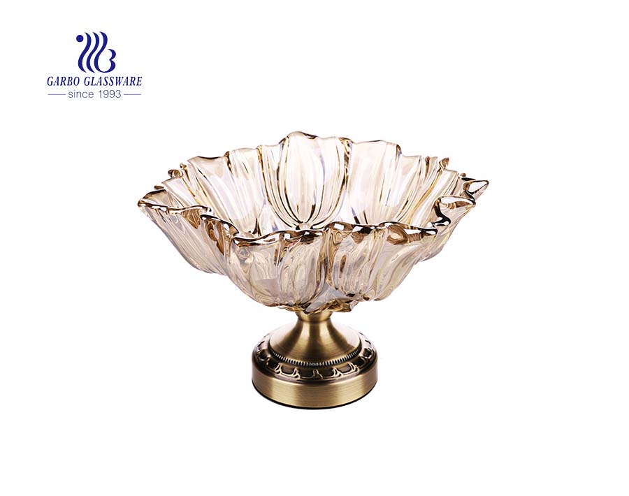 9.5inch ion plating gold color glass fruit bowl with metal stand