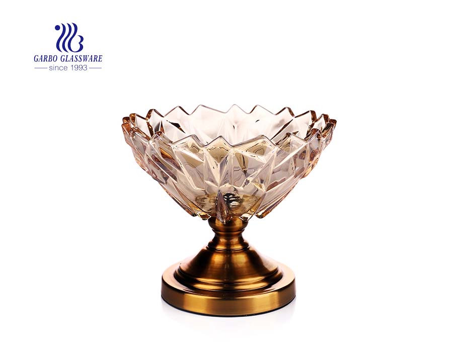 9.5inch ion plating gold color glass fruit bowl with metal stand