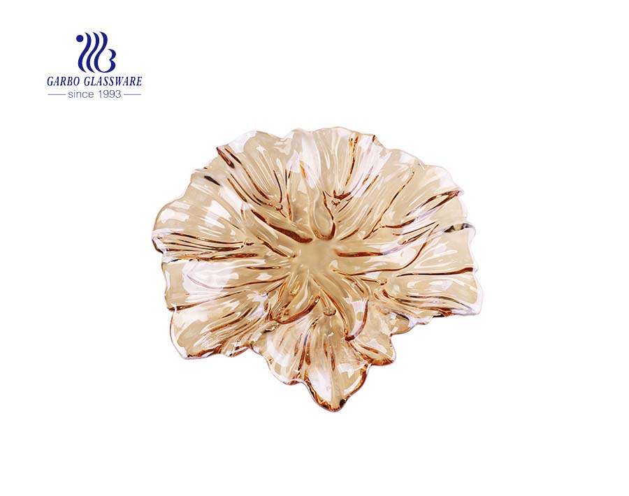 14-Zoll-große Mode Lilie gravierte Design Glas Obstteller mit Goldfarbe Ionenbeschichtung