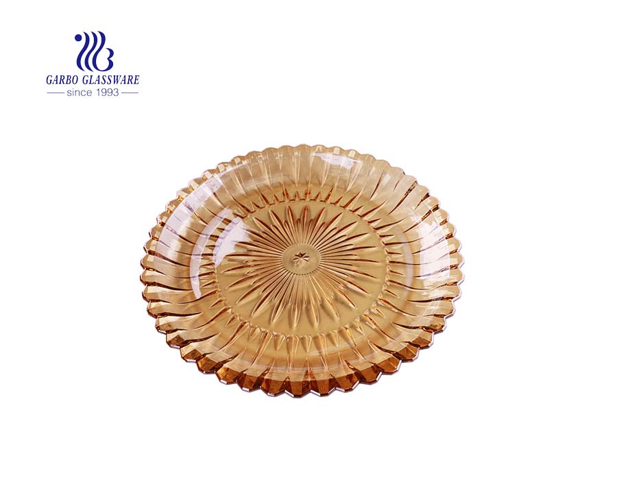14-inch big fashion lily engraved design glass fruit plates with gold color ion plating