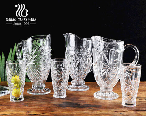 High-white classical firework series 7 pcs glass water drinking jug set vintage glass pitcher set with engraved pattern from factory