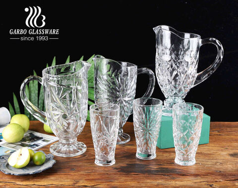 High-white classical firework series 7 pcs glass water drinking jug set vintage glass pitcher set with engraved pattern from factory