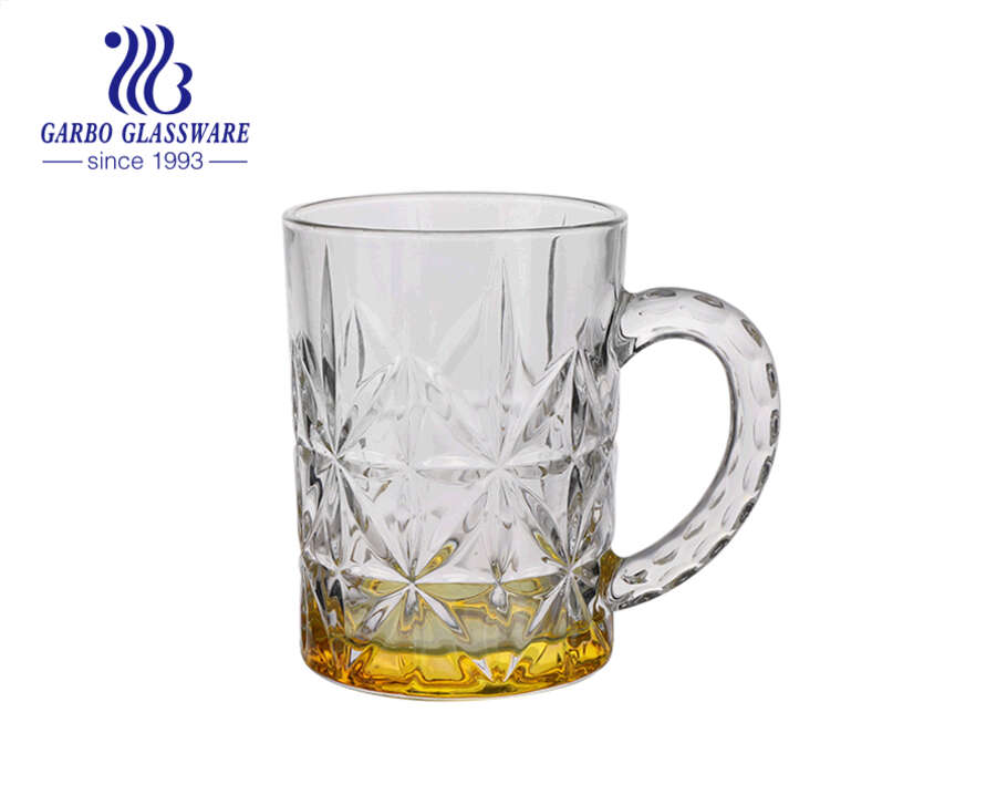 Customized spray colors glass beer mug with pattern designs 400ml beer stein beer glasses with handles