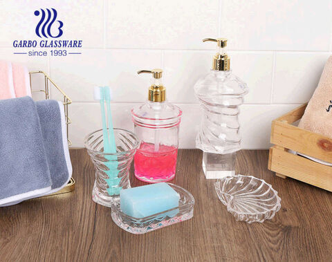 3 piece clear glass bathroom vanity accessories set with shampoo dispenser, soap plate and brush holder tumbler