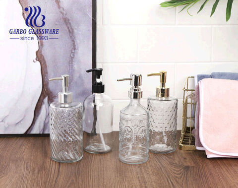 Dispenser di sapone liquido per mani in vetro trasparente vintage da 460 ml con pompa in plastica dorata