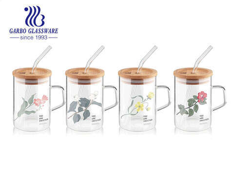 High borosilicate single wall glass cups with handles customized decal coffee tea cup with lid and straw