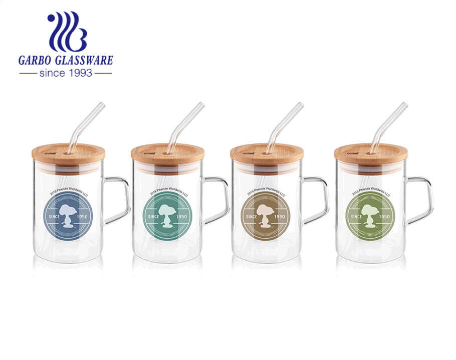 High borosilicate single wall glass cups with handles customized decal coffee tea cup with lid and straw
