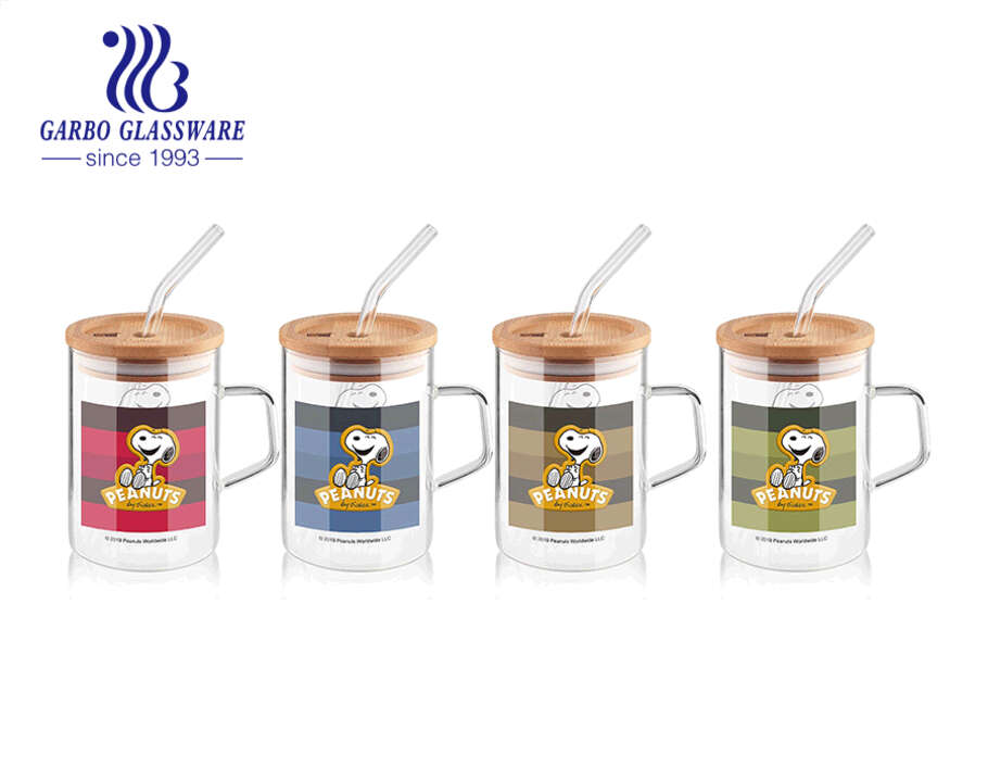High borosilicate single wall glass cups with handles customized decal coffee tea cup with lid and straw