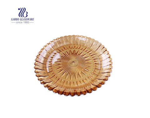 14.5-inch elegant ion plating Sun design glass fruit plate with brown color