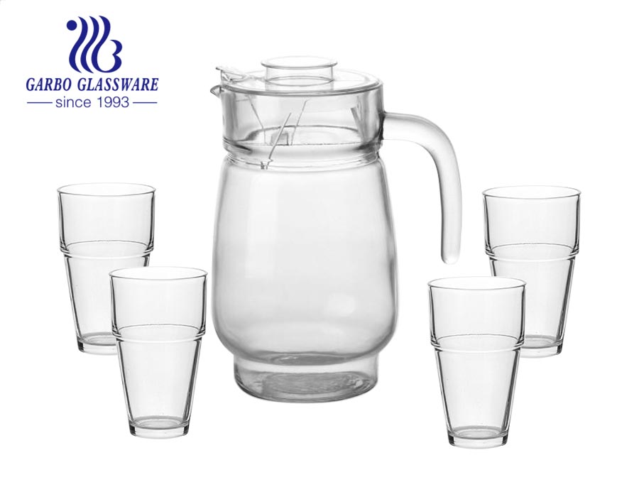 1400ML maschinell hergestelltes 5pcs rosafarbenes Glaswassertrinkkrugset mit Glasbechern für das Abendessen zu Hause