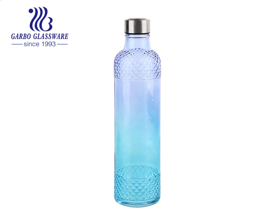 Botella de almacenamiento de vidrio en relieve de diamante azul y rosa con tapa giratoria Botellas de jugo de vidrio deportivo al aire libre 1050 ml