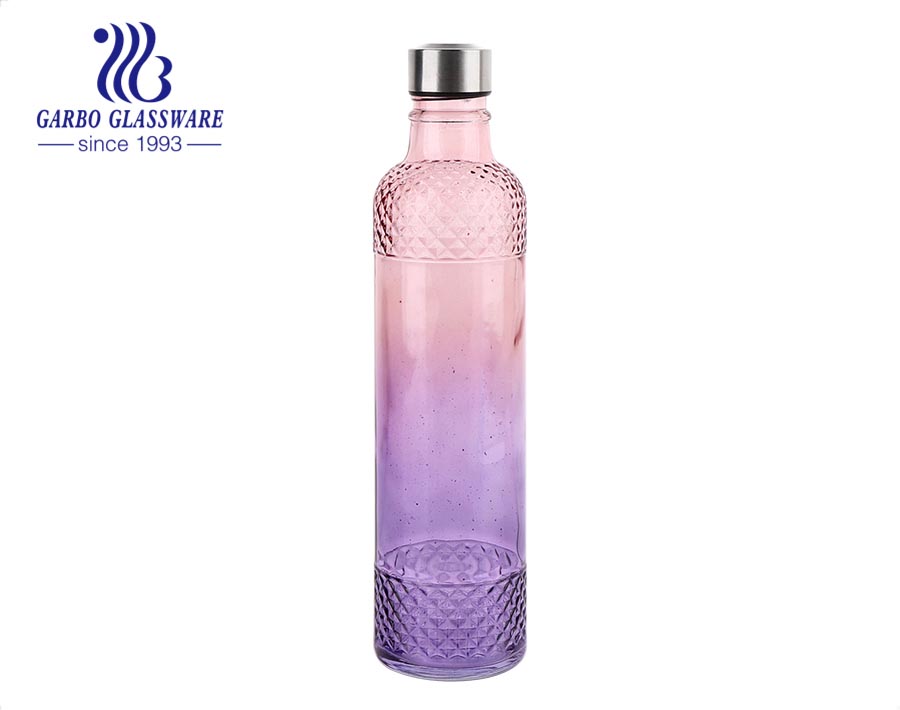 Botella de almacenamiento de vidrio en relieve de diamante azul y rosa con tapa giratoria Botellas de jugo de vidrio deportivo al aire libre 1050 ml