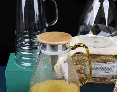 إبريق ماء زجاجي شفاف من بيركس سعة 2100 مل مع غطاء خشبي إبريق شاي مثلج مع صنبور