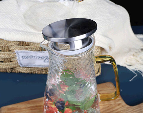 2100ml Pyrex clear glass water pitcher with wooden lid ice tea pitcher with spout