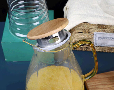 Pichet à eau en verre transparent Pyrex de 2100 ml avec couvercle en bois pichet à thé glacé avec bec verseur