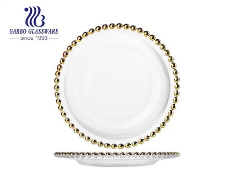 Assiette à dîner en verre faite à la main de luxe chic de 11 pouces, assiette de fruits avec bord de perles dorées