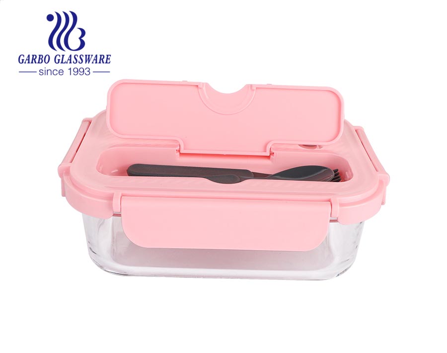 1040ml rectangular New high borosilicate glass crisper with spoon fork with pink lids