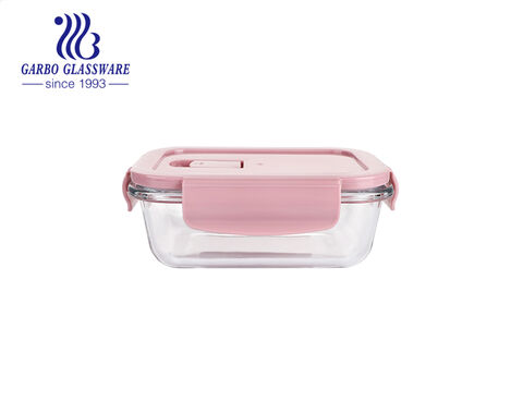 1040ml rectangular New high borosilicate glass crisper with spoon fork with pink lids