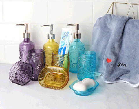 Set di accessori per il bagno in vetro blu tiffany colorato a spruzzo all'ingrosso set di dispenser per sapone liquido in vetro