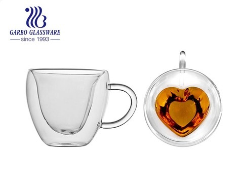 Heart Shaped Double Walled Insulated Glass Coffee Mugs or Tea Cups Double Wall Glass with Handle 