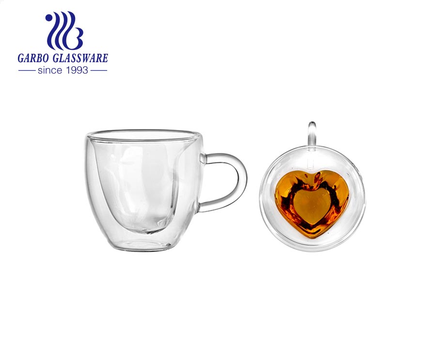 Heart Shaped Double Walled Insulated Glass Coffee Mugs or Tea Cups Double Wall Glass with Handle 