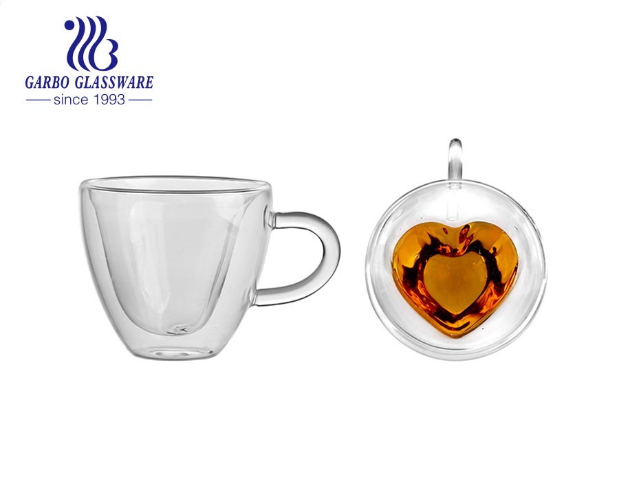 Heart Shaped Double Walled Insulated Glass Coffee Mugs or Tea Cups