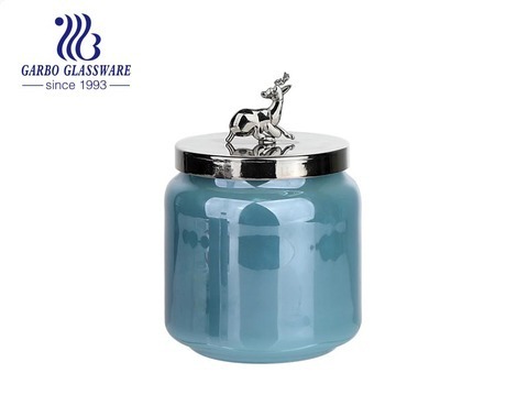 530 ml blauer Glaskerzenhalter mit Metalldeckel