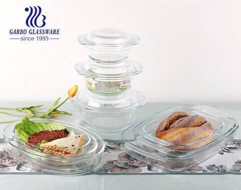 طقم أطباق خبز زجاجية من 3 قطع من بيكرز أساسيات مع أغطية زجاجية