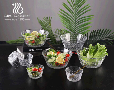 Conjunto de saladeiras de vidro de cristal com design gravado popular Garbo taças de frutas com caixa de presente embalada