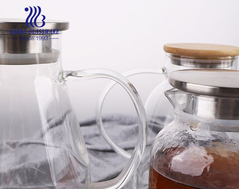 2100ml Pyrex clear glass water pitcher with wooden lid ice tea pitcher with  spout