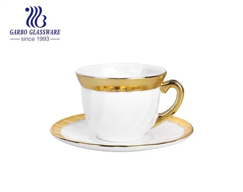 Hitzebeständige goldene Teetasse aus Opalglas mit Untertassen-Set