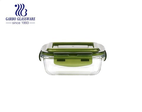 14oz Pyrex glass rectangular lunch box with green silicone lids