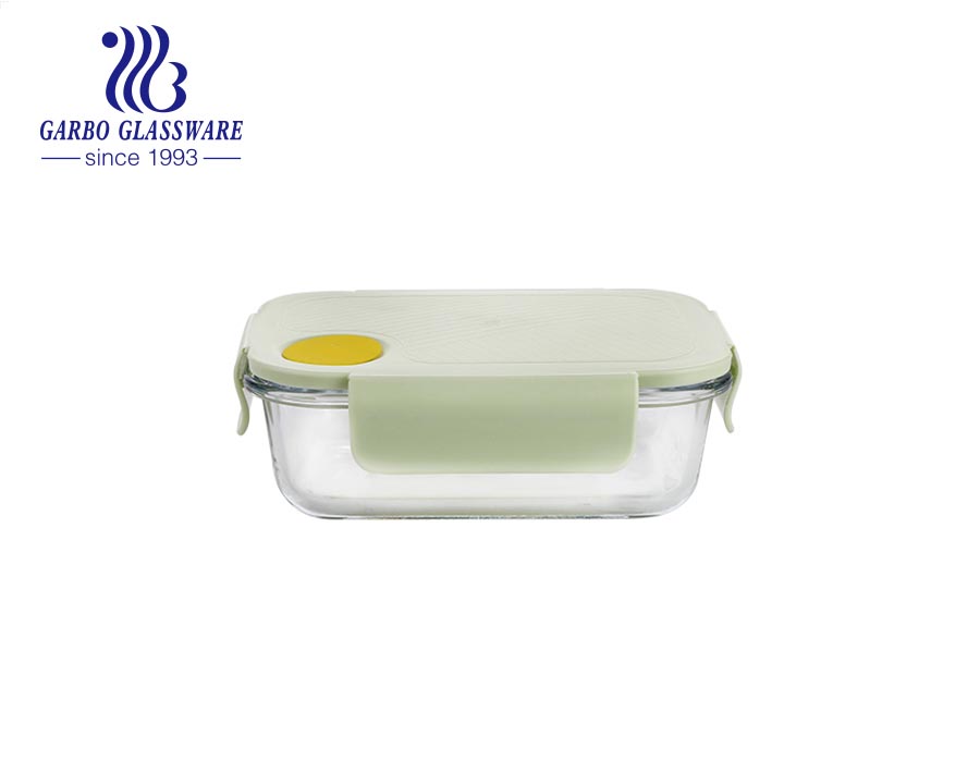 14oz Pyrex glass rectangular lunch box with green silicone lids