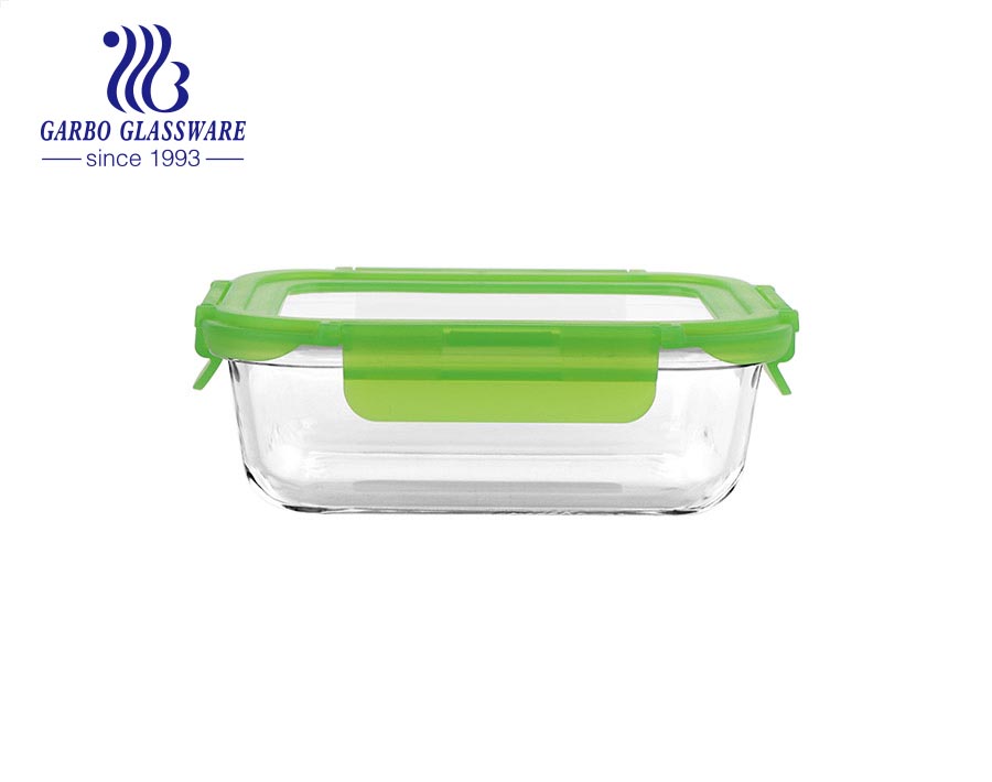 14oz Pyrex glass rectangular lunch box with green silicone lids