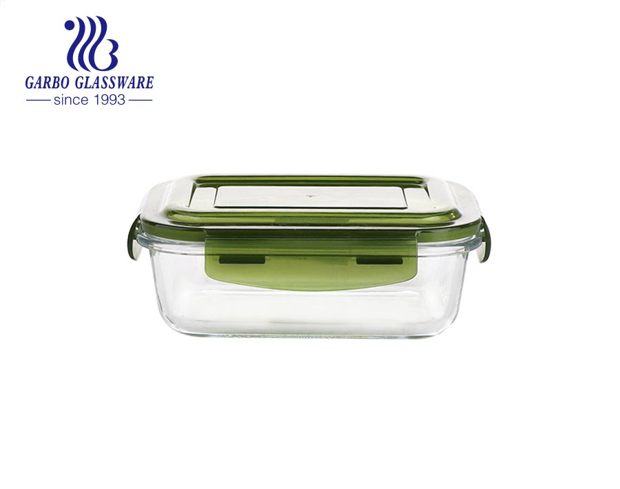 14oz Pyrex glass rectangular lunch box with green silicone lids
